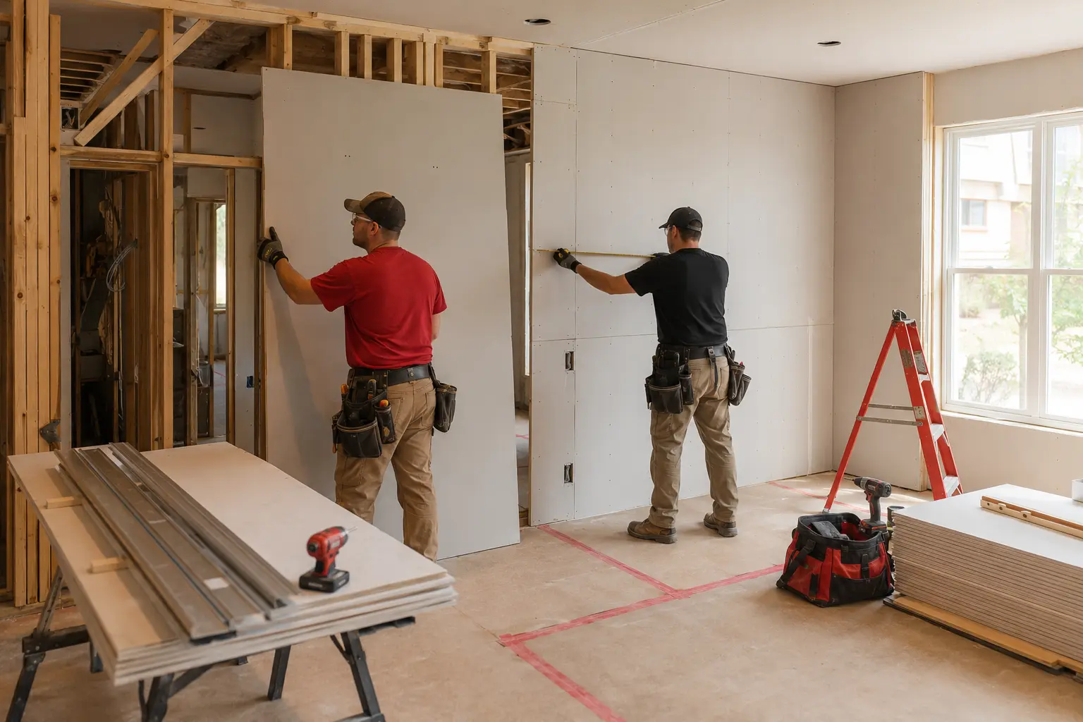 Illustration of restoration professionals completing interior reconstruction