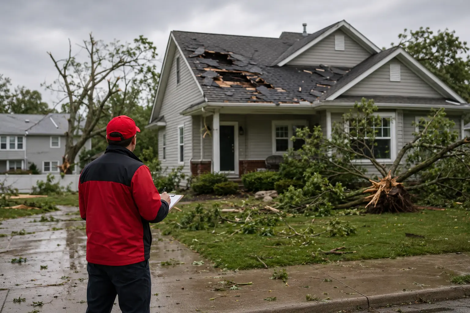 Illustration of a restoration professional assessing residential storm damage