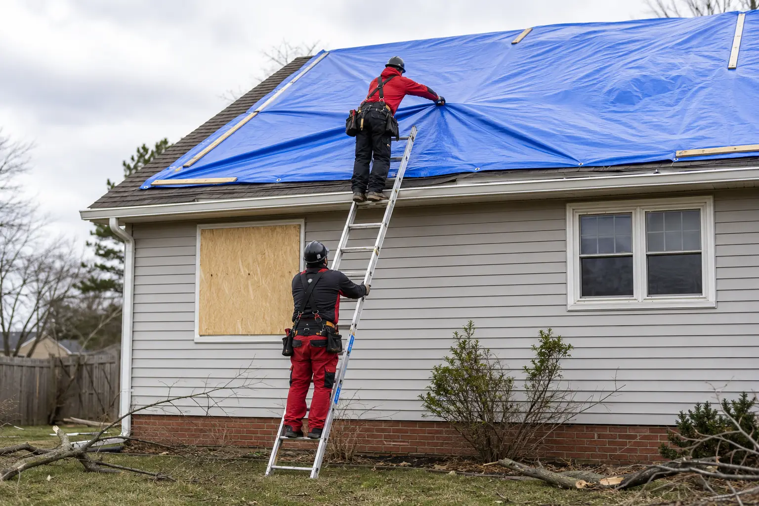 Illustration of restoration professionals installing temporary storm protection